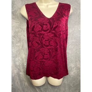 Citiknit Womens Sleeveless V‎ Neck Burgundy Floral Burnout Top Medium Made USA